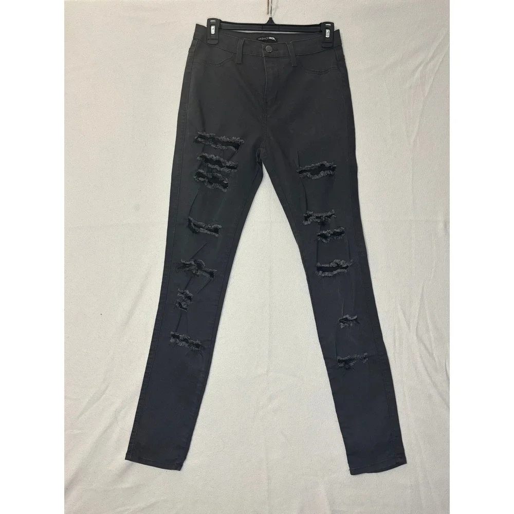 Fashion Nova‎ Charcoal Grey Distressed Skinny Jeans Ripped High Rise Size 11